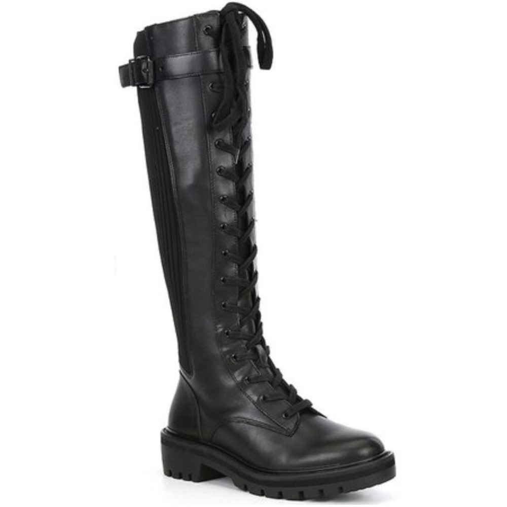 Antonio Melani Dukees Black Leather Lace Up Chunky Heel Combat Sock Boots Sz 7.5